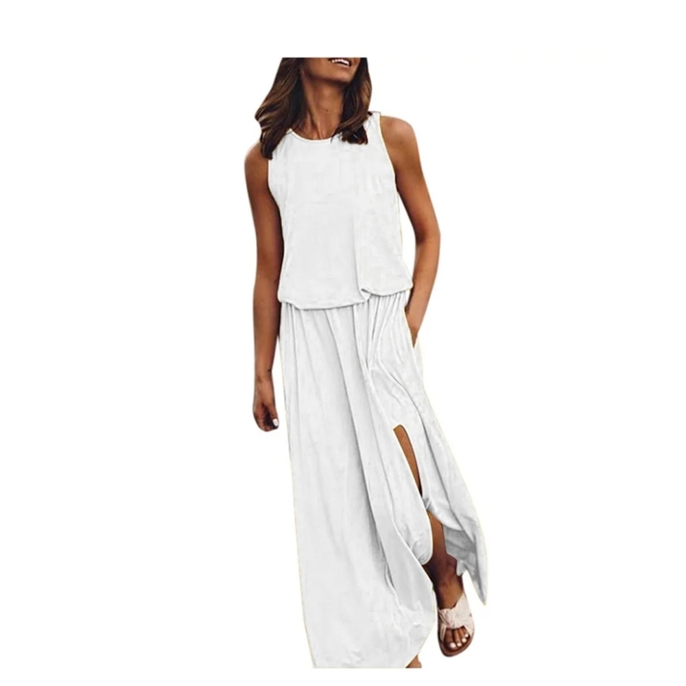 NEW Elegant White Sleeveless Maxi Dress. Round Neck Summer Dress w/pockets.XXL